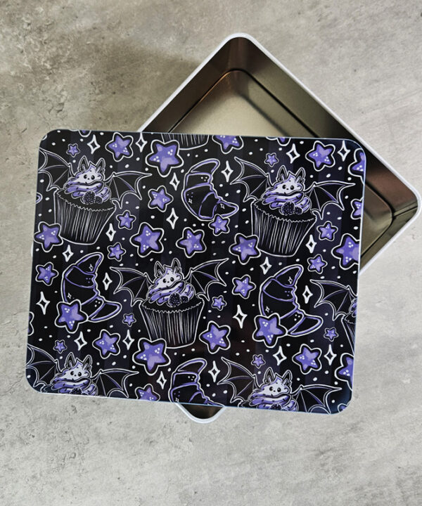 Bat Cupcakes & Croissants White Large Gothic Rectangular Tin