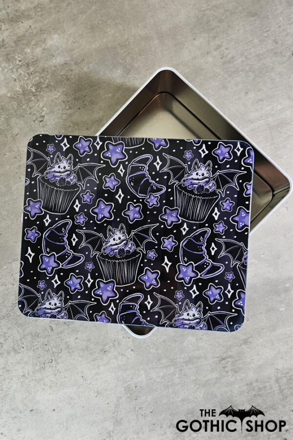 Bat Cupcakes & Croissants White Large Gothic Rectangular Tin
