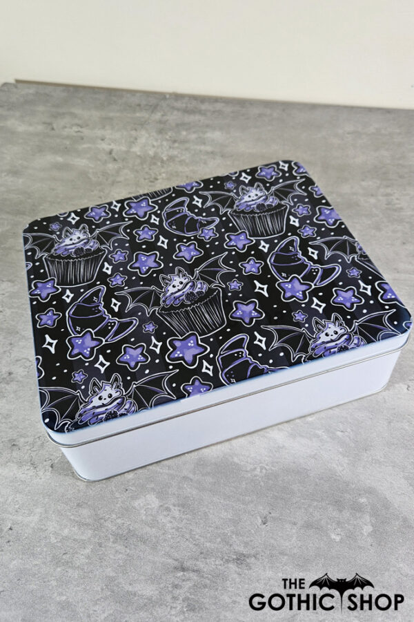 Bat Cupcakes & Croissants White Large Gothic Rectangular Tin