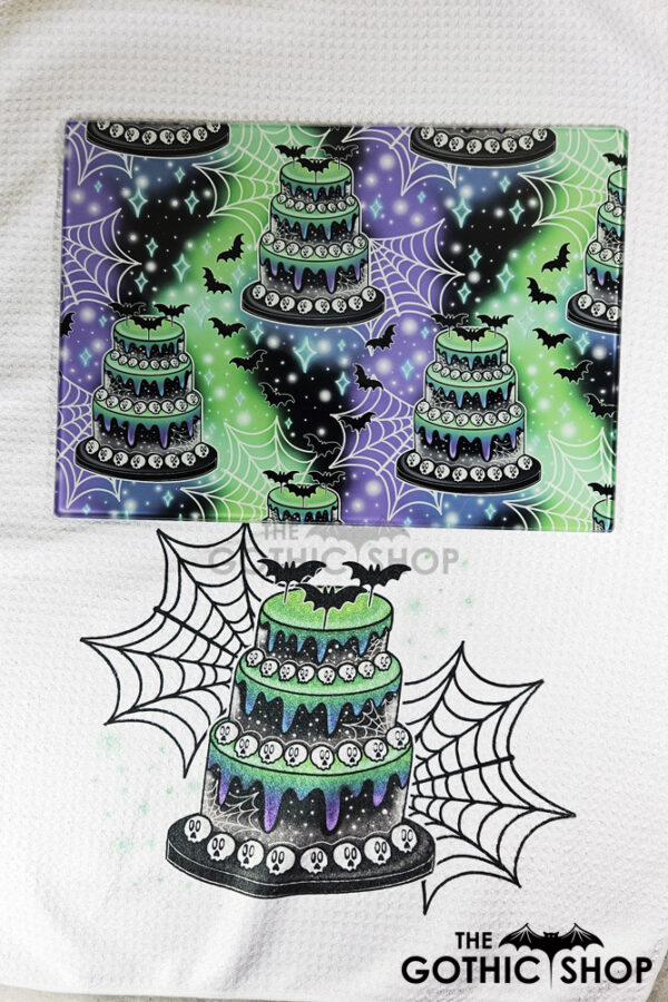 Skull Tiered Cake Gothic Print Glass Chopping Board and tea towel