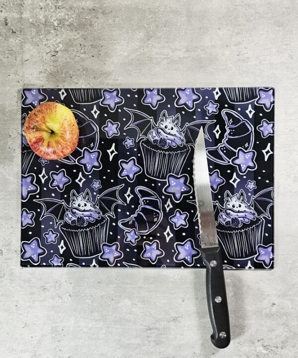 Bat Cupcakes & Croissants Gothic Print Glass Chopping Board