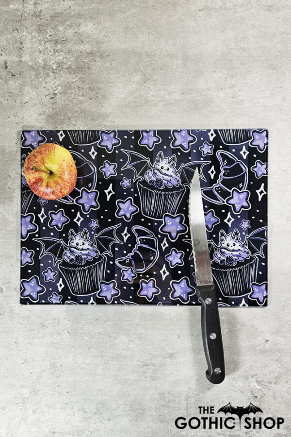 Bat Cupcakes & Croissants Gothic Print Glass Chopping Board