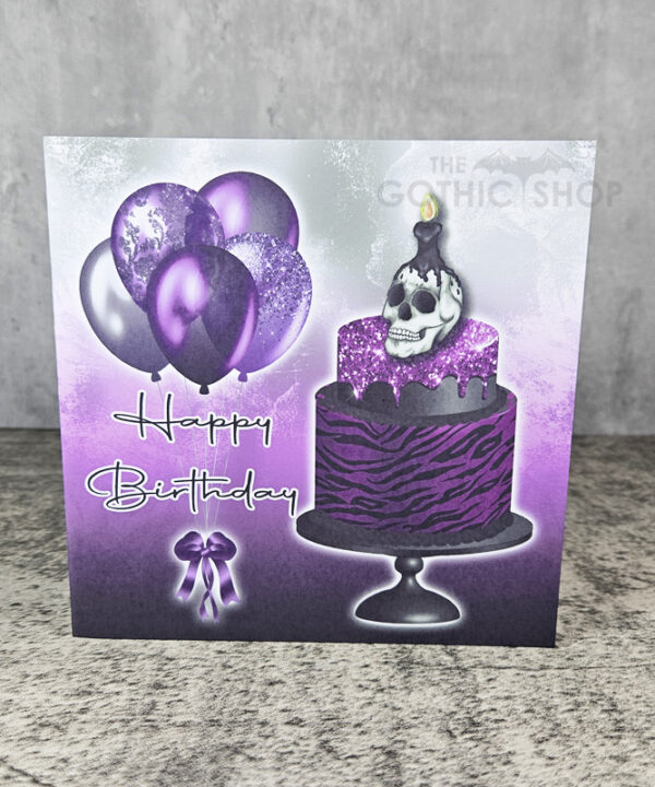 Skull Cake & Purple Balloons Birthday Goth Greetings Card