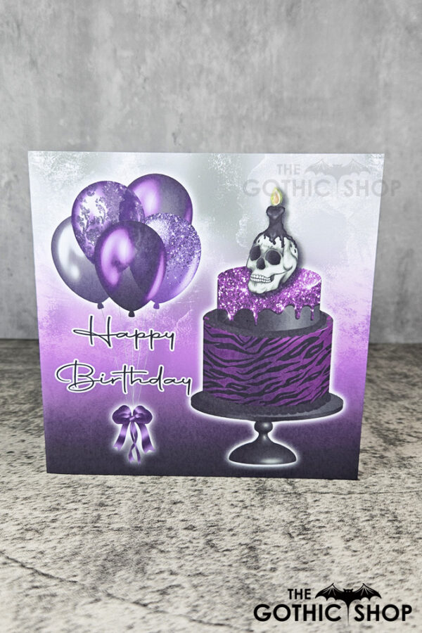Skull Cake & Purple Balloons Birthday Goth Greetings Card