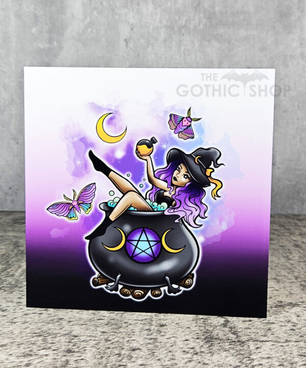 Purple Hair Witch in Cauldron Gothic Greetings Card