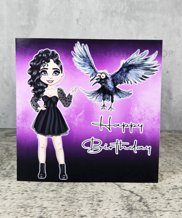 Goth Girl Black Dress & Crow Birthday Gothic Greetings Card