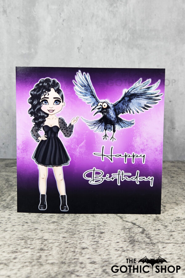 Goth Girl Black Dress & Crow Birthday Gothic Greetings Card