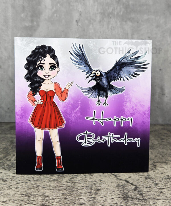 Goth Girl Red Dress & Crow Birthday Gothic Greetings Card