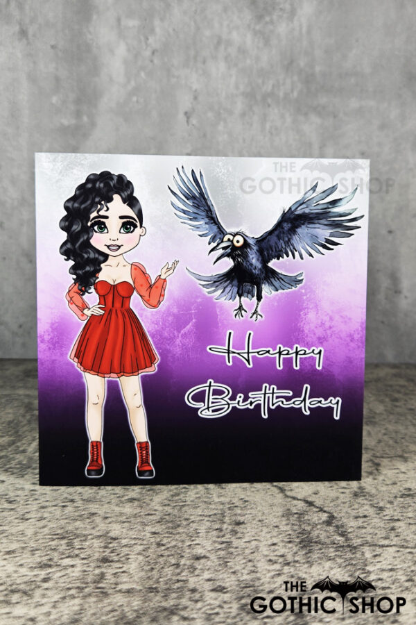 Goth Girl Red Dress & Crow Birthday Gothic Greetings Card