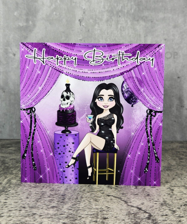 Lady in Little Black Sparkle Dress Purple Birthday Gothic Greetings Card