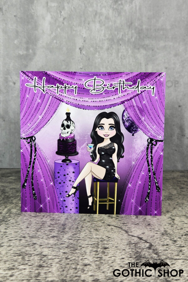 Lady in Little Black Sparkle Dress Purple Birthday Gothic Greetings Card