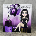 Lady in Little Black Sparkle Dress & Balloons Purple Birthday Gothic Greetings Card