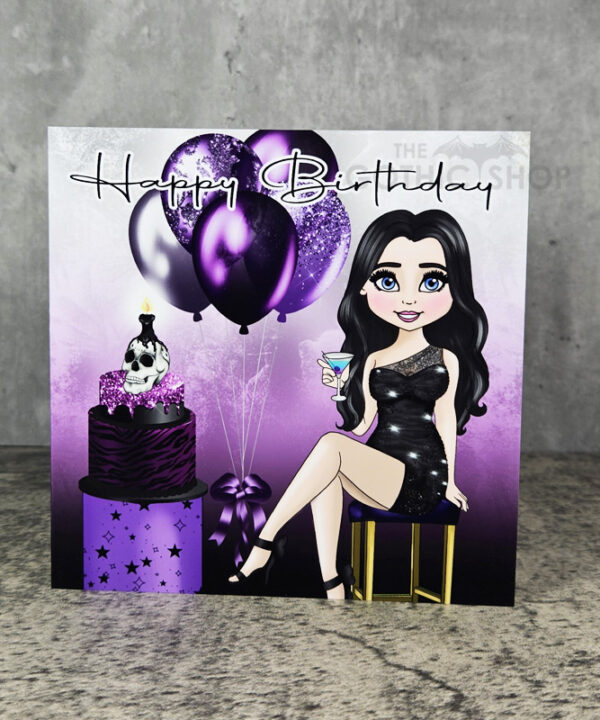 Lady in Little Black Sparkle Dress & Balloons Purple Birthday Gothic Greetings Card