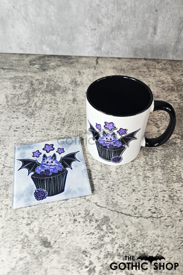 Purple Berry Bat Cupcake Gothic Ceramic Mug and coaster