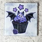 Purple Berry Bat Cupcake Square Glass Gothic Coaster