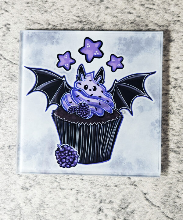 Purple Berry Bat Cupcake Square Glass Gothic Coaster