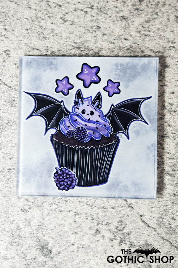 Purple Berry Bat Cupcake Square Glass Gothic Coaster