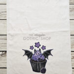 Purple Berry Bat Cupcake Gothic Print Waffle Tea Towel
