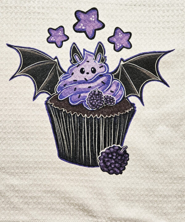 Purple Berry Bat Cupcake Gothic Print Waffle Tea Towel