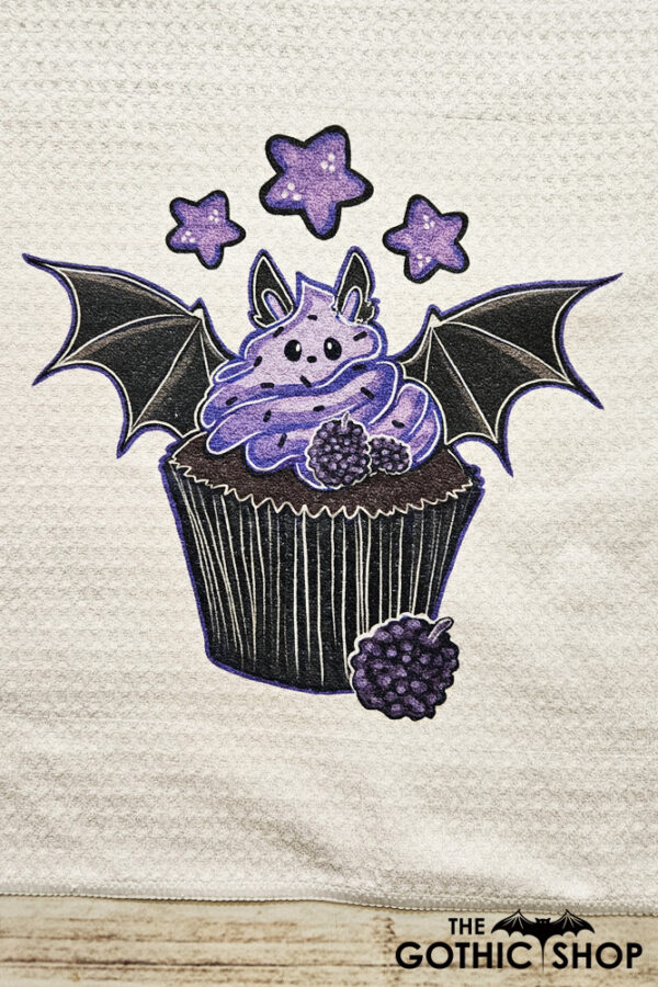 Purple Berry Bat Cupcake Gothic Print Waffle Tea Towel