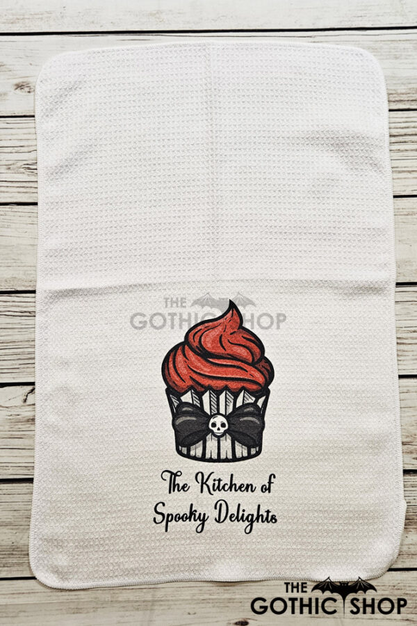 Red Cupcake Gothic Print Waffle Tea Towel