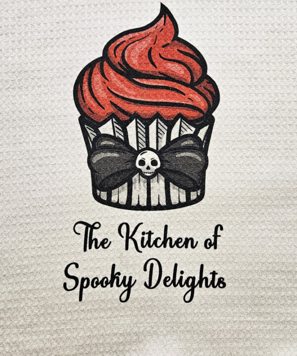 Red Cupcake Gothic Print Waffle Tea Towel