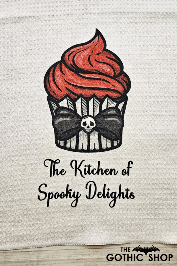 Red Cupcake Gothic Print Waffle Tea Towel