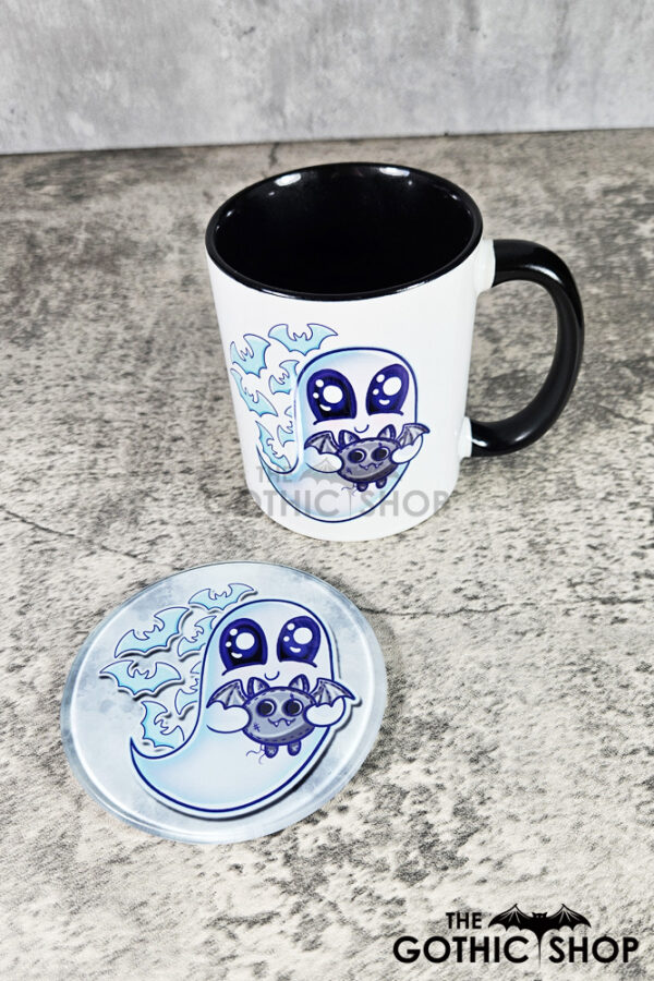 Snuggle Ghost with Baby Bat Gothic Ceramic Mug and coaster