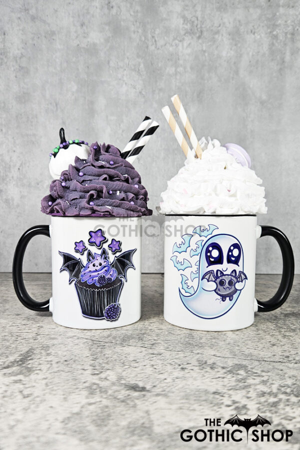Purple Berry Bat Cupcake and Snuggle Ghost with Bat Gothic Ceramic Mug