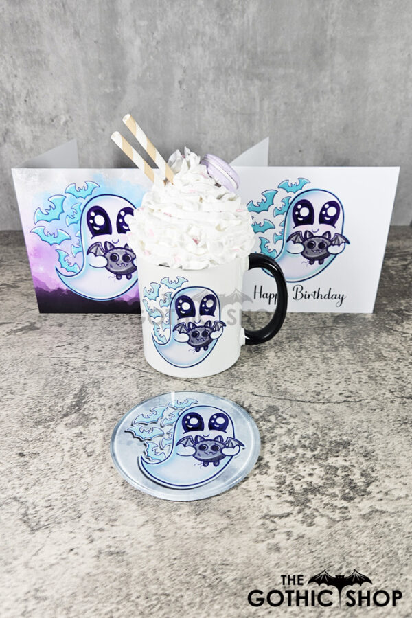 Snuggle Ghost with Baby Bat Gothic Ceramic Mug and coaster and cards