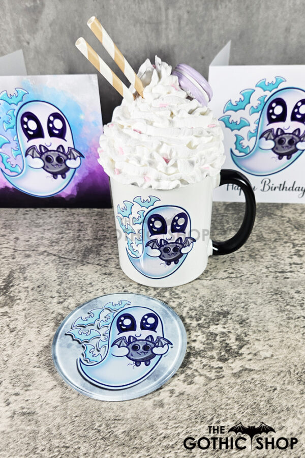 Snuggle Ghost with Baby Bat Gothic Ceramic Mug, coaster and cards