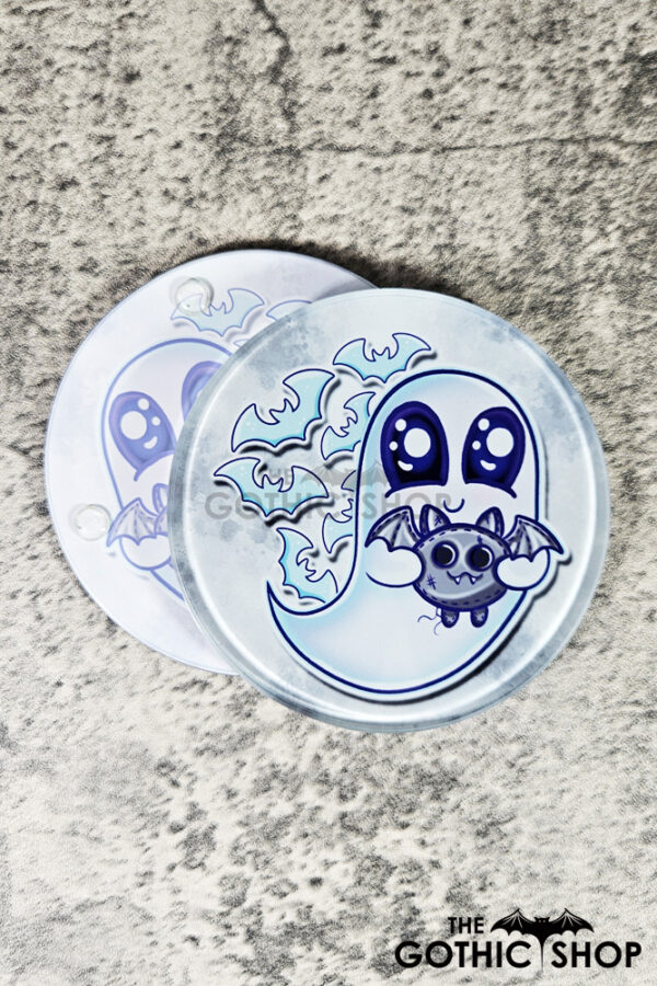 Snuggle Ghost with Baby Bat Round Glass Gothic Coaster