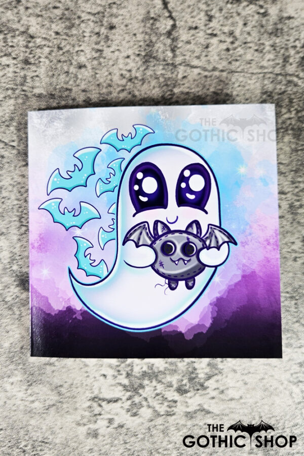 Snuggle Ghost with Baby Bat Purple Gothic Greetings Card