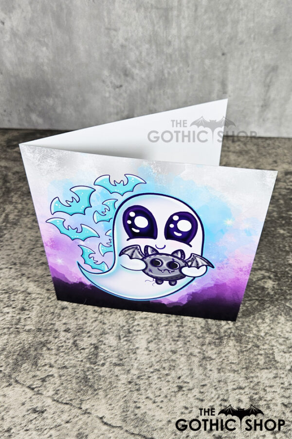 Snuggle Ghost with Baby Bat Purple Gothic Greetings Card