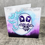 Snuggle Ghost with Baby Bat Purple Gothic Greetings Card
