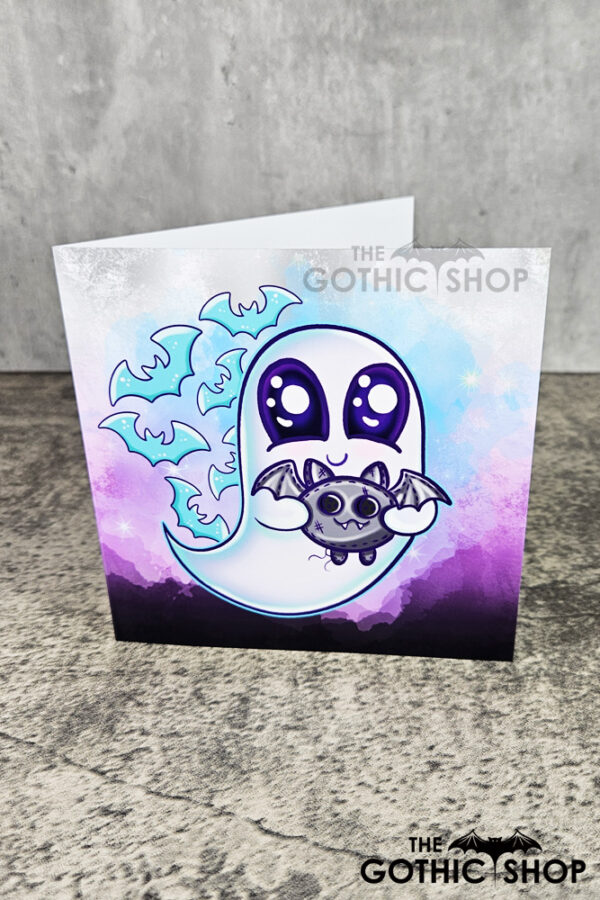 Snuggle Ghost with Baby Bat Purple Gothic Greetings Card