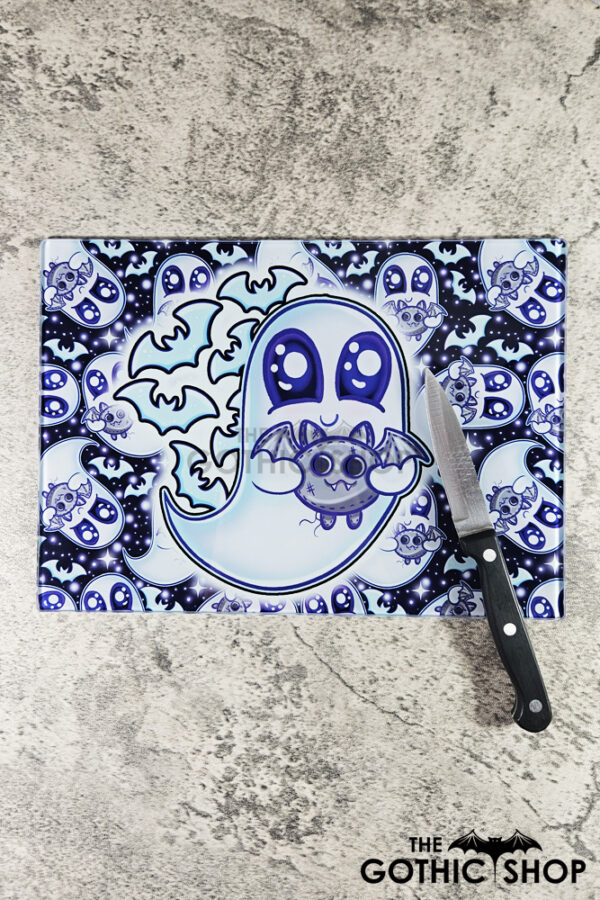 Snuggle Ghost with Baby Bat Gothic Print Glass Chopping Board