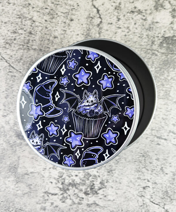 Purple Berry Bat Cupcakes Croissants & Stars Keepsake Round Tin
