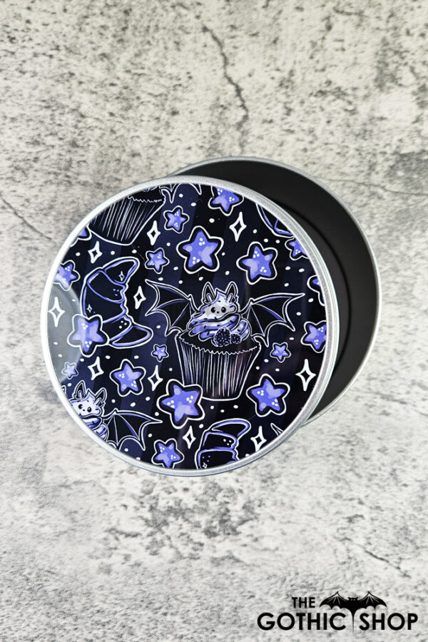 Purple Berry Bat Cupcakes Croissants & Stars Keepsake Round Tin