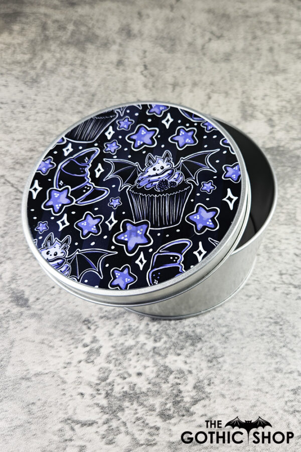 Purple Berry Bat Cupcakes Croissants & Stars Keepsake Round Tin