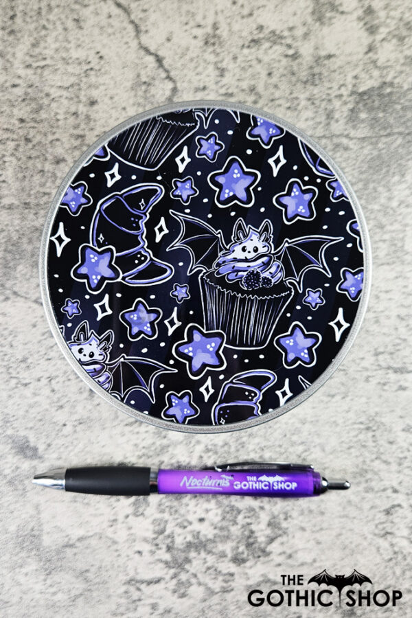 Purple Berry Bat Cupcakes Croissants & Stars Keepsake Round Tin