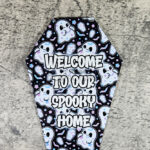 Welcome Spooky Home Ghosts Coffin Shaped Metal Sign