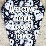 Welcome Spooky Home Ghosts Coffin Shaped Metal Sign
