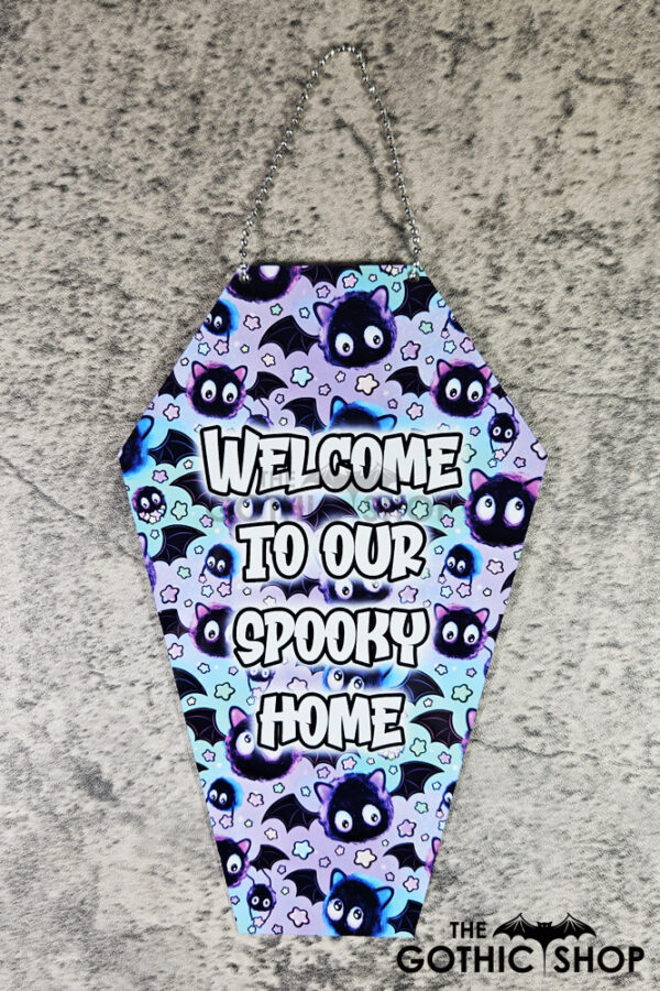 Welcome Spooky Home Sooty Bats Coffin Shaped Metal Sign