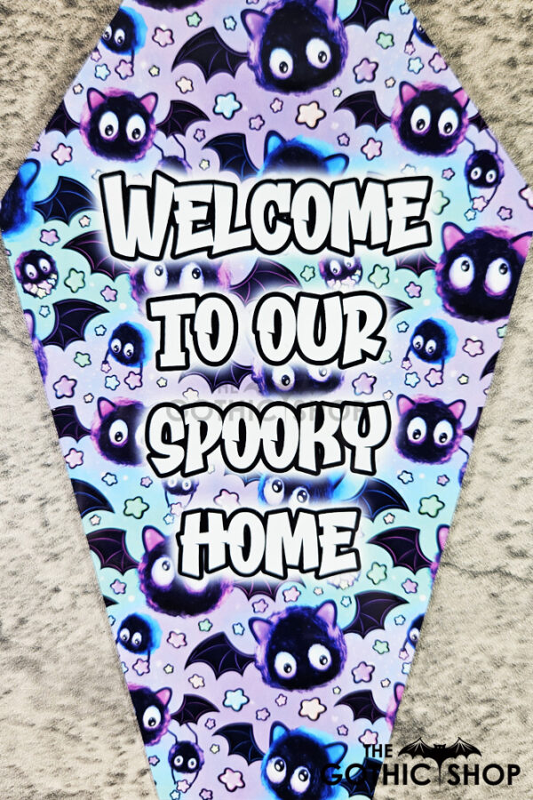 Welcome Spooky Home Sooty Bats Coffin Shaped Metal Sign