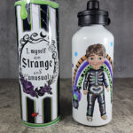 Strange Unusual Green Slime, Roses & Stripe Gothic Print Skinny Tumbler and skeleton boy bottle.