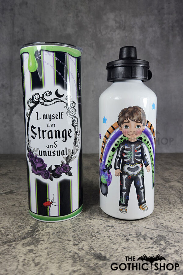 Strange Unusual Green Slime, Roses & Stripe Gothic Print Skinny Tumbler and skeleton boy bottle.