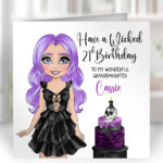 personalised girl in black & skull goth cake birthday greetings card