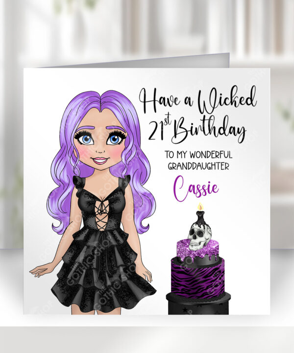 personalised girl in black & skull goth cake birthday greetings card