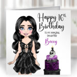 personalised girl in black & skull goth cake birthday greetings card